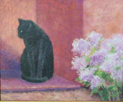 France, Black Cat with Flowers.24x20.JPG